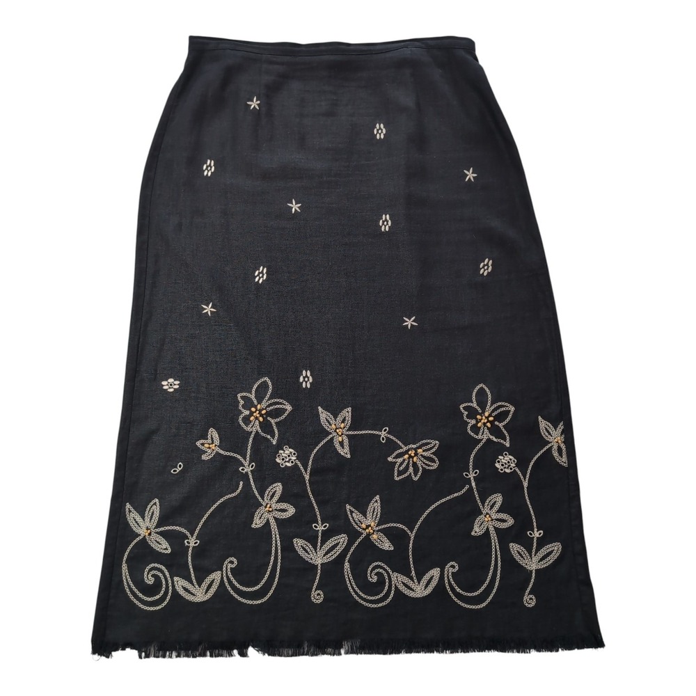 Requirements Embroidered Midi Skirt Womens Size L Black Linen Blend Beaded Boho